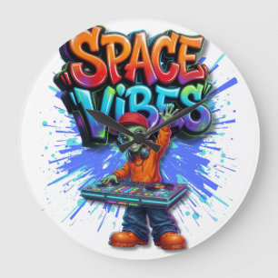 Space Vibes Alien DJ Music Streetwear Design Large Clock