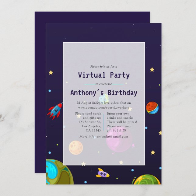 Space Virtual Birthday Party Invitation (Front/Back)