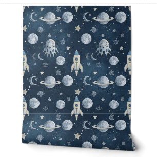 Space Wallpaper   Blue Rocket Ship Accent Wall 
