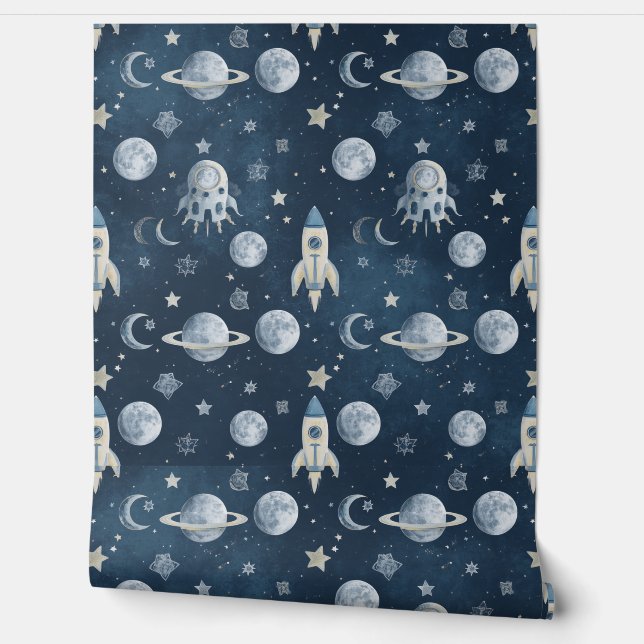 Space Wallpaper | Blue Rocket Ship Accent Wall  (Unrolling)