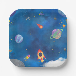Space Watercolor Design - Dark Blue Paper Plate