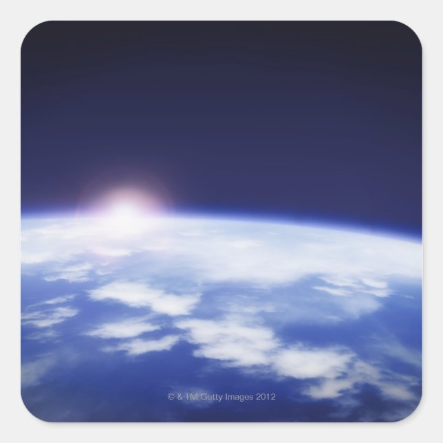 Space with rising sun above planet earth square sticker (Front)