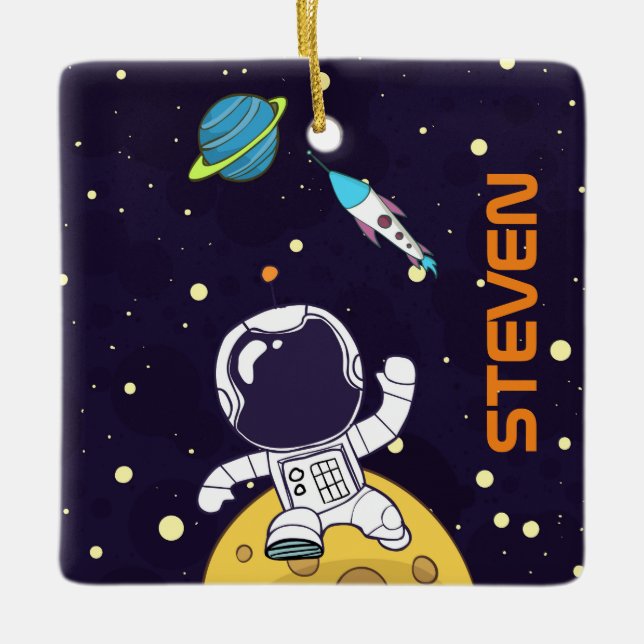 Spaceman Astronaut Exploring Outer Space Ceramic Ornament (Front)