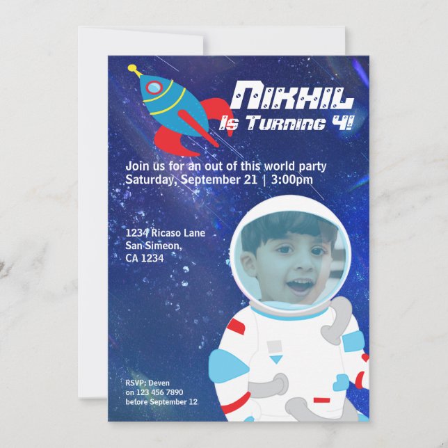 Spaceman Astronaut Outer Space Birthday Invitation (Front)