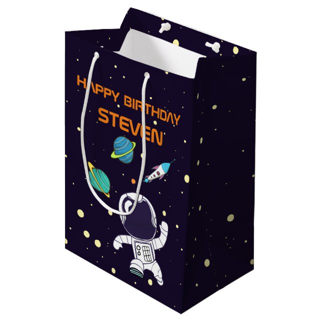 Spaceman Floating in Outer Space Birthday Medium Gift Bag (Front Angled)