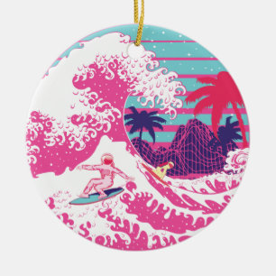 Spaceman surfing The Great pink wave Ceramic Ornament