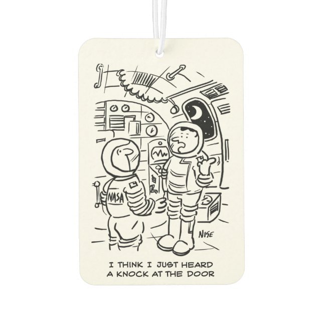 Spacemen on Spaceship Hear Knock at Door Car Air Freshener (Back)