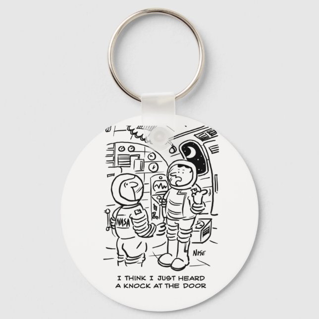 Spacemen on Spaceship Hear Knock at Door Key Ring (Front)