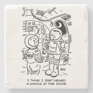 Spacemen on Spaceship Hear Knock at Door Stone Coaster