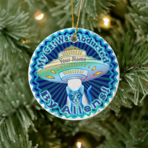 Spaceship Alien Cat Abduction Ceramic Ornament