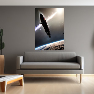 Spaceship and planet   AI Art Poster