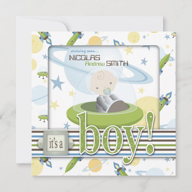 Spaceship Astronaut Baby Shower Invitations (Front)