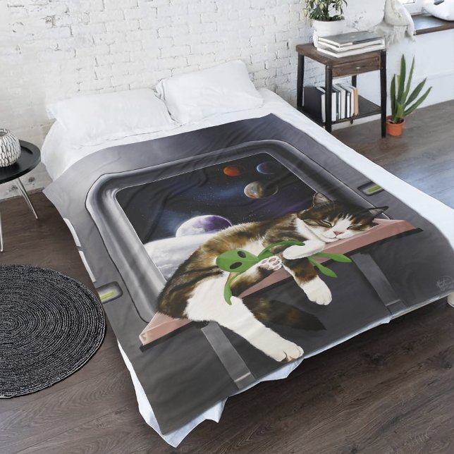Spaceship Cat Sci-Fi Cute Fleece Blanket (Creator Uploaded)