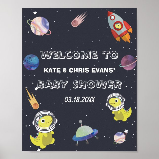 Spaceship Dinosaur Star Planet Baby Shower Welcome Poster (Front)