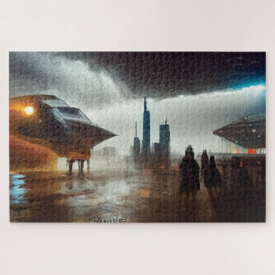 Spaceship in Futuristic City Jigsaw Puzzle