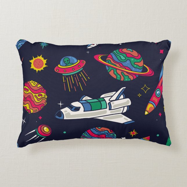 Spaceship in Galaxy seamless pattern. Background w Decorative Cushion (Front)