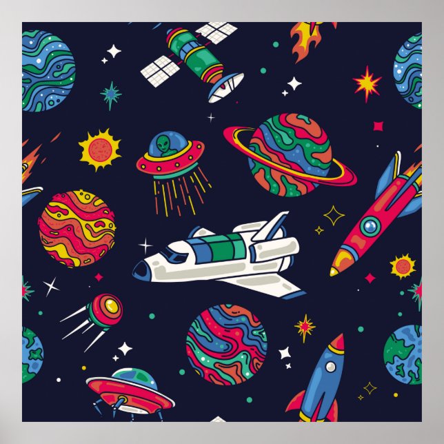 Spaceship in Galaxy seamless pattern. Background w Poster (Front)