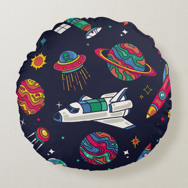 Spaceship in Galaxy seamless pattern. Background w Round Cushion (Front)