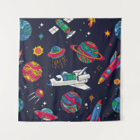 Spaceship in Galaxy seamless pattern. Background w