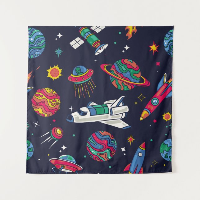 Spaceship in Galaxy seamless pattern. Background w Tapestry (Front)