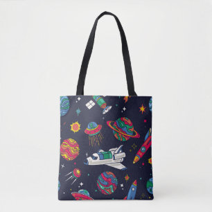 Spaceship in Galaxy seamless pattern. Background w Tote Bag