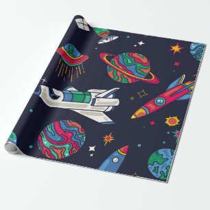 Spaceship in Galaxy seamless pattern. Background w Wrapping Paper