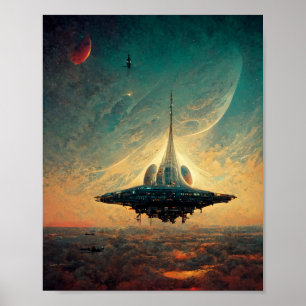 Spaceship Landing Sci-Fi Art Poster