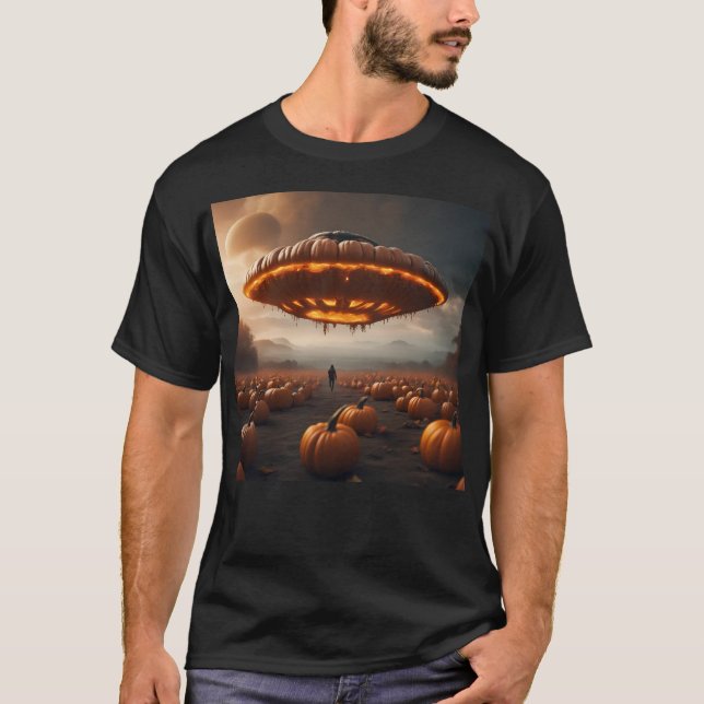Spaceship On Planet Pumpkin T-Shirt (Front)