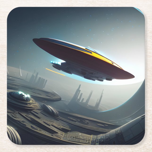 Spaceship over a Futuristic City Square Paper Coaster (Front)