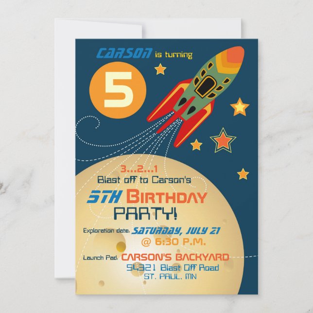 Spaceship, Planets, and Stars Birthday Invitation (Front)