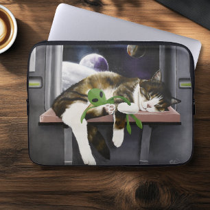 Spaceship Tabby Cat Green Alien Stuffie Sci-Fi Laptop Sleeve