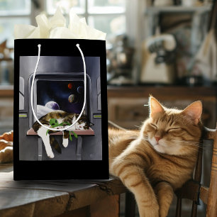Spaceship Tabby Cat Green Alien Stuffie Sci-Fi Medium Gift Bag