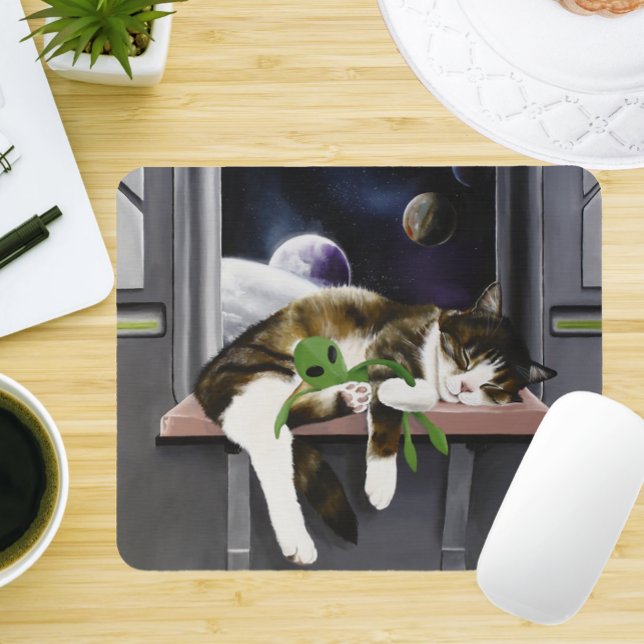 Spaceship Tabby Cat Green Alien Stuffie Sci-Fi Mouse Pad (Creator Uploaded)