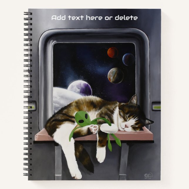 Spaceship Tabby Cat Green Alien Stuffie Sci-Fi Notebook (Front)