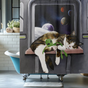 Spaceship Tabby Cat Green Alien Stuffie Sci-Fi Shower Curtain