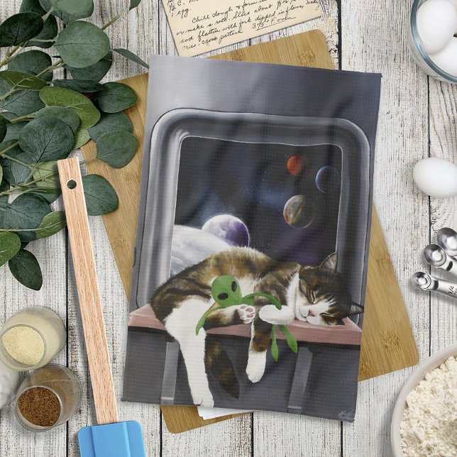 Spaceship Tabby Cat Green Alien Stuffie Sci-Fi Tea Towel (Creator Uploaded)