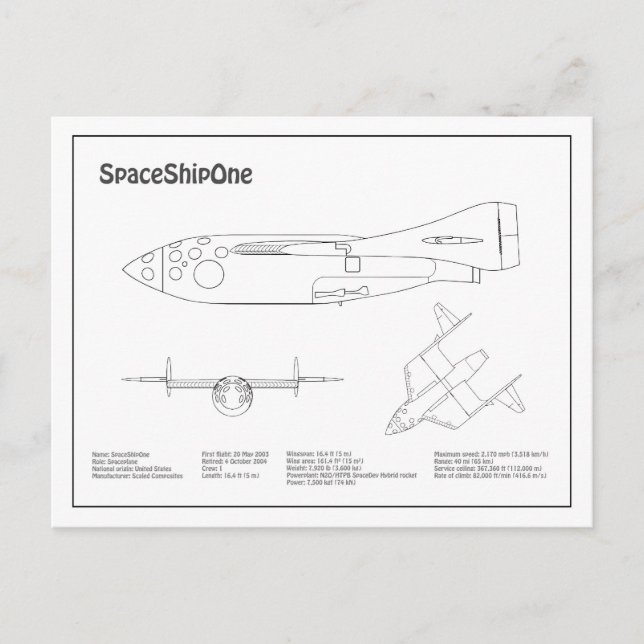 SpaceShipOne - Aeroplane Blueprint Drawing Plans B Postcard (Front)