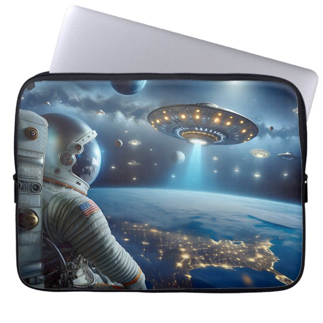 Spaceships and an Astronaut in Outer Space Laptop Sleeve (Front)