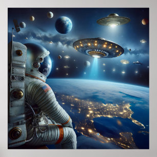 Spaceships and an Astronaut in Outer Space Poster