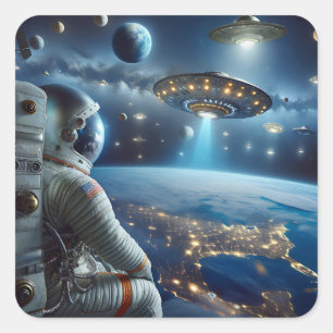 Spaceships and an Astronaut in Outer Space Square Sticker