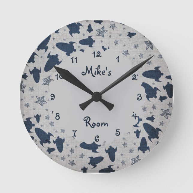 Spaceships Personalised Boy's Bedroom Round Clock (Front)
