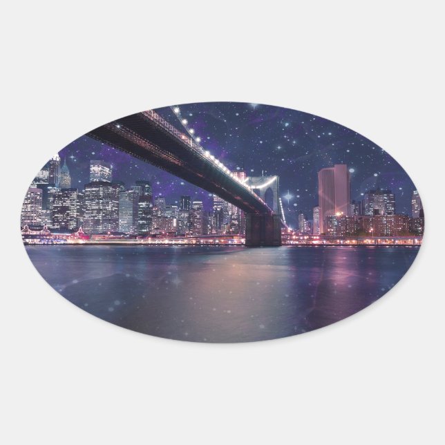 Spacey Manhattan Skyline Oval Sticker (Front)