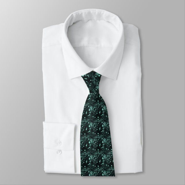 Spacey Turquoise Splatter On Black Repeat Pattern  Tie (Tied)