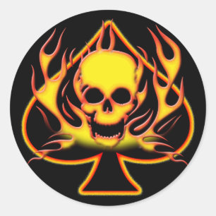 SPADE, SKULL AND FLAMES CLASSIC ROUND STICKER