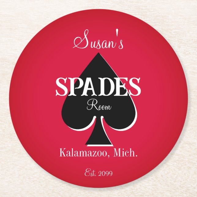Spades Card Game Room Round Paper Coasters (Front)