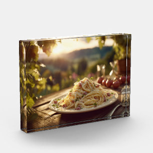 Spaghetti alla Carbonara on Wooden Garden Table Photo Block