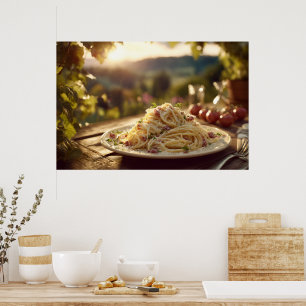 Spaghetti alla Carbonara on Wooden Garden Table Poster