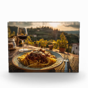 Spaghetti Bolognese on Vineyard Terrace Table Photo Block