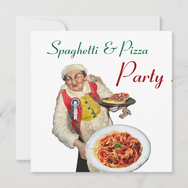 SPAGHETTI & PIZZA PARTY,ITALIAN KITCHEN red white Invitation (Front)