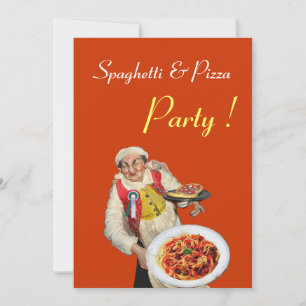 SPAGHETTI & PIZZA PARTY , RESTAURANT orange green Invitation